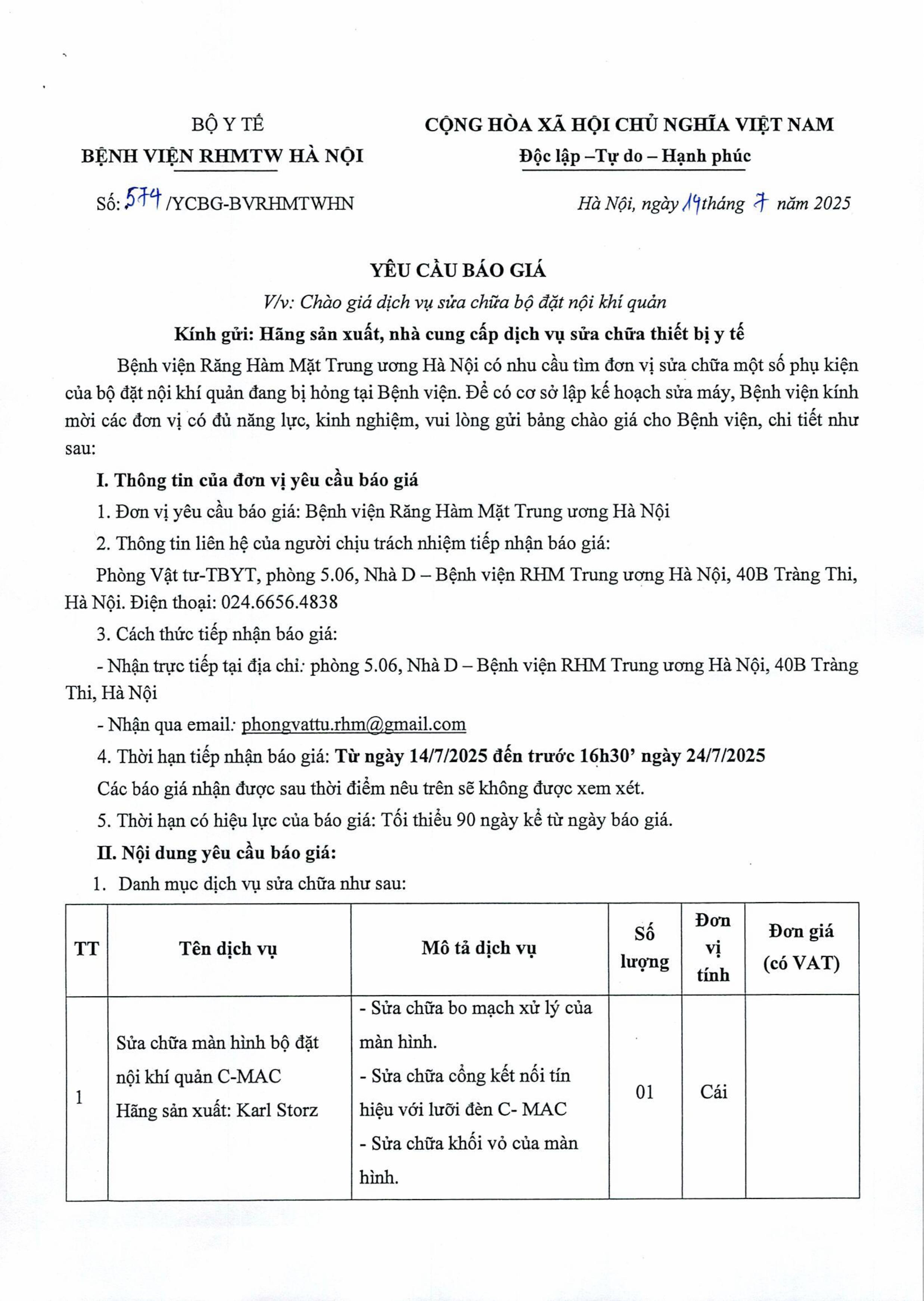 THƯ MỜI BÁO GIÁ: CHÀO GIÁ DỊCH VỤ SỬA CHỮA BỘ ĐẶT NỘI KHÍ QUẢN